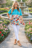 Turquoise Baby Doll Top with floral scroll print