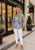 Turquoise Floral roll tab long sleeve top