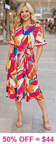 Colorful tie belt dress with collar