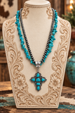 Turquoise Cross Pendant Necklace with Double Strand chip beads & Silver Navajo pearls