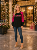 2X, 3X : MERRY Hot Pink sequin long sleeve top