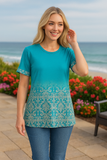 Turquoise Ombre Cream Damask Print Top