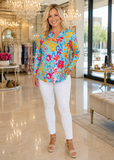 Turquoise Floral roll tab long sleeve top
