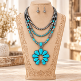 Silver tone 3 Strand necklace with Turquoise color squash pendant