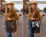 NEW Checkered, Cherry, Genuine Leather Cow hide, fringe bag