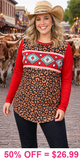 L,XL,2X,3X : Leopard, Red Tribal long sleeve top