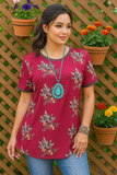 S, L, 3X Plum Top with floral and feather print
