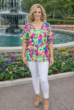 Lime & Purple Floral Top With Ruffle Sleeves