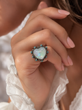 Bling Heart White Iridescent stone ring with turquoise and silver setting