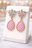 Pink Checkered teardrop earrings with bling post