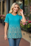 Turquoise Ombre Cream Damask Print Top