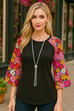 Flower Bell Sleeves Black Waffle Knit Top.