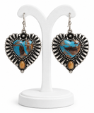 Western Turquoise-and-brown marbled Stone heart earrings with silver border