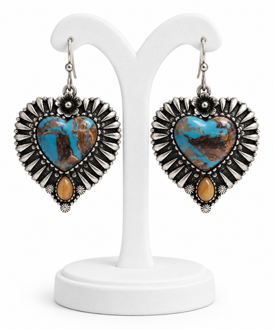 Western Turquoise-and-brown marbled Stone heart earrings with silver border