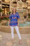 Blue Tribal v-neck top with ruffle sleeve