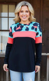 3X : Turquoise & Coral leopard black top