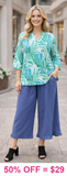 S, M, L, 2X, 3X  Green paisley v-neck top