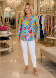 Turquoise Floral roll tab long sleeve top