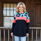 3X : Turquoise & Coral leopard black top