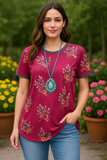 S, L, 3X Plum Top with floral and feather print