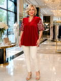 Red Velvet Embroidery sleeve top