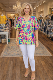 Lime & Purple Floral Top With Ruffle Sleeves