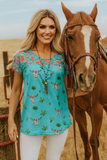 Turquoise steer print top with floral back
