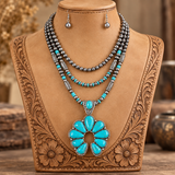 Silver tone 3 Strand necklace with Turquoise color squash pendant
