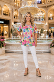 Beautiful Floral Tan Top with Criss Cross Neck.