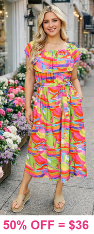 S, M, L, XL Paradise Colorful Belted Maxi Dress