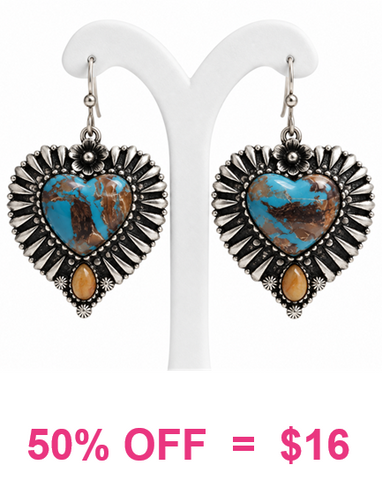 Western Turquoise-and-brown marbled Stone heart earrings with silver border