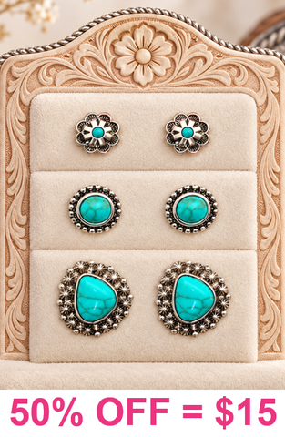 3 piece set Western Turquoise and Silver stud Earrings