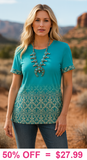 Turquoise Ombre Cream Damask Print Top