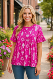 S,M,L Pink baby doll top with cactus print