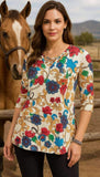 White Top With Floral & Scroll Print Criss Cross Neck