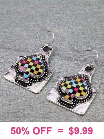 Silver tag checkered spade earrings