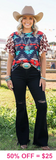 L, 2X, 3X Blue Tribal top with leopard flutter sleeves