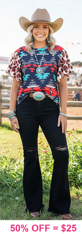 L, 2X, 3X Blue Tribal top with leopard flutter sleeves
