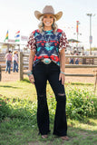 L, 2X, 3X Blue Tribal top with leopard flutter sleeves