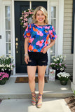 M,L, XL, 3X Blue Flower Top With Flutter Sleeves