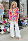 Colorful mock neck top ruffle sleeves