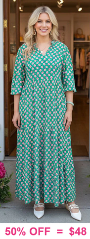 Green & Pink print maxi tiered dress