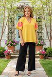 2X, 3X Mustard blouse Hot pink embroidery flowers