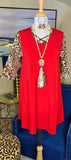 SMALL: Red Flutter Tunic with Leopard Sleeves & Criss Cross Neck