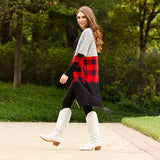 Grey, Red Plaid, Black Color Block Cardigan