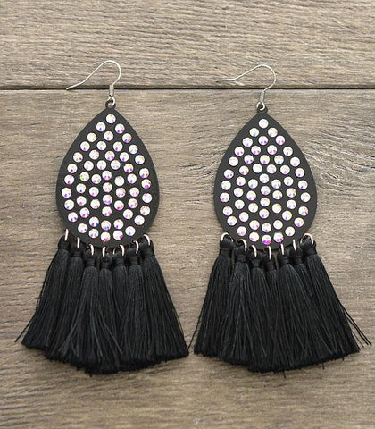 Gala Black Bling Teardrop Large Earrings with Tassels