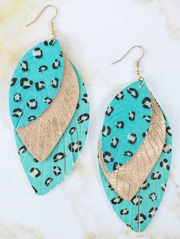 Turquoise Leopard & Gold Layered Feather Earrings