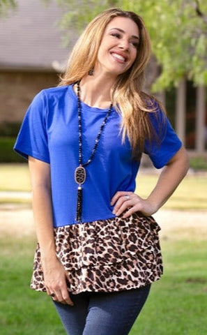 Blue Top with leopard ruffles