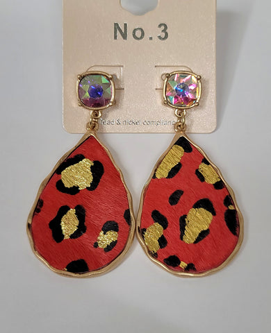 *Red and Gold Leopard Teardrop Earrings