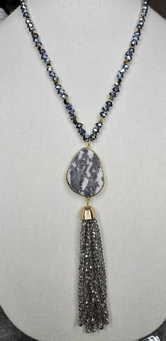 Silver Crystal Necklace with grey stone pendant and tassel